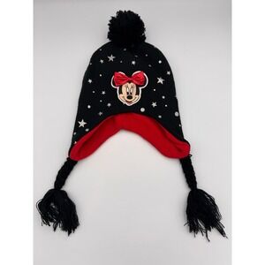 Kids Girls Disney Minnie Mouse Winter Beanie Hat Black Red Stars Pom Pom Braids